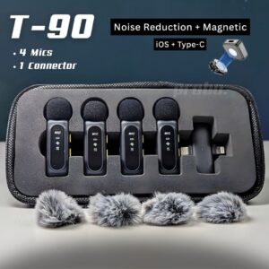 T90 Wireless Lavalier Microphone (4 Mics) for iPhone & Android – Noise Reduction